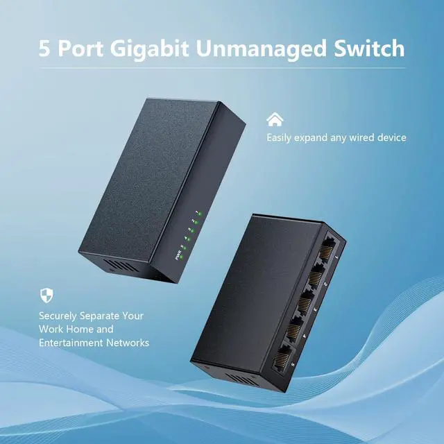 Alt view image 2 of 7 - Bliyee 5-Port Gigabit Ethernet Switch, Unmanaged Home Network Switch Hub, Ethernet Splitter | Auto-Sensing Ports | Plug-and-Play | Silent Operation | Black Metal Case | Limited Lifetime Protection