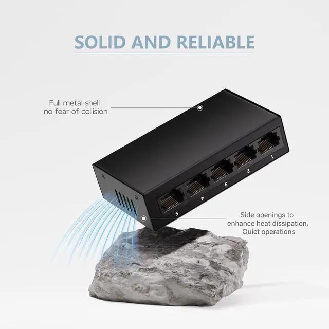 Alt view image 3 of 7 - Bliyee 5-Port Gigabit Ethernet Switch, Unmanaged Home Network Switch Hub, Ethernet Splitter | Auto-Sensing Ports | Plug-and-Play | Silent Operation | Black Metal Case | Limited Lifetime Protection
