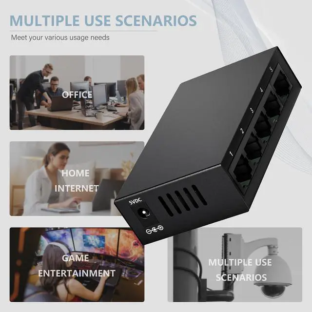 Alt view image 7 of 7 - Bliyee 5-Port Gigabit Ethernet Switch, Unmanaged Home Network Switch Hub, Ethernet Splitter | Auto-Sensing Ports | Plug-and-Play | Silent Operation | Black Metal Case | Limited Lifetime Protection