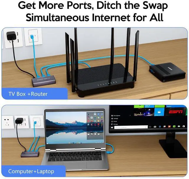 Alt view image 7 of 7 - Ethernet Splitter 1 to 2 1000Mbps Internet Splitter RJ45 LAN Port Adapter for 3 Computer Gigabit High Speed for Cat 5/5e/6/7/8 Cable, 2 Devices Networked Simultaneously
