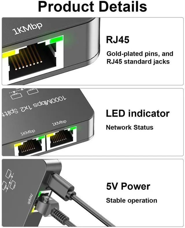 Alt view image 4 of 6 - Uzifhdhi Ethernet Splitter 1 to 2 with Ethernet Cable, Gigabit RJ45 Internet Splitter Adapter 1000Mbps High Speed for Cat 5/5e/6/7/8 Cable,Grey