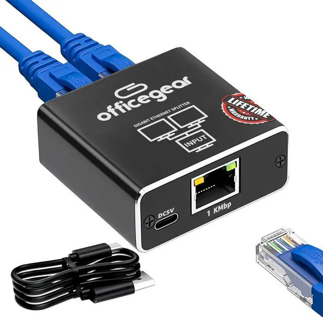 Main image of officegear Ethernet Splitter: 1 to 2 High Speed 1000Mbps, Gigabit LAN with USB-C Power Cable, RJ45 Splitter for Cat5/5e/6/7/8 Cable  Simultaneous Networking for 2 Devices -Lifetime Operation