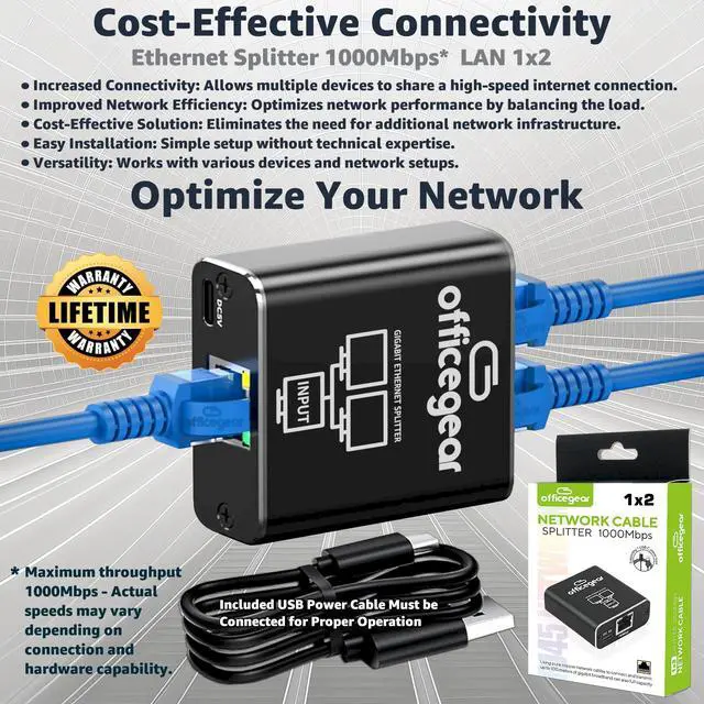 Alt view image 3 of 3 - officegear Ethernet Splitter: 1 to 2 High Speed 1000Mbps, Gigabit LAN with USB-C Power Cable, RJ45 Splitter for Cat5/5e/6/7/8 Cable  Simultaneous Networking for 2 Devices -Lifetime Operation