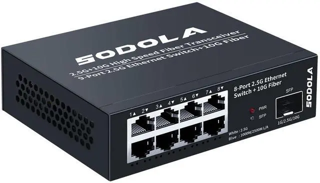 Main image of SODOLA 8-Port Unmanaged 2.5G Switch,8 x 2.5GBASE-T Ports,1X10G SFP+,100Gbps Switching Capacity, Fanless, MetalPlug & Play 2.5Gb Network Switch
