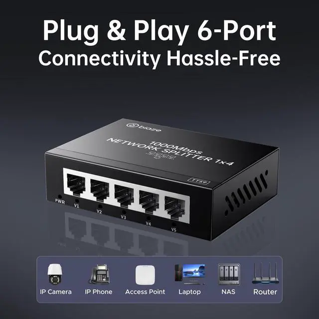Alt view image 2 of 6 - Biaze 4-Port Ethernet Splitter, Gigabit LAN Network Hub Adapter 1 to 4, Plug & Play Internet Cable Connector for Home/Office/School, Cat6 RJ45 Splitter for PC/Modem/Router/Gaming (1000Mbps)
