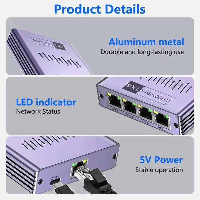 Alt view image 6 of 7 - Ethernet Splitter 1 to 4 1000Mbps, High Speed RJ45 Port LAN Internet Splitter for Cat 5/5e/6/7/8 Cable, Ethernet Router Switch for PC/Laptop/TV (4 Devices Networked Simultaneously)