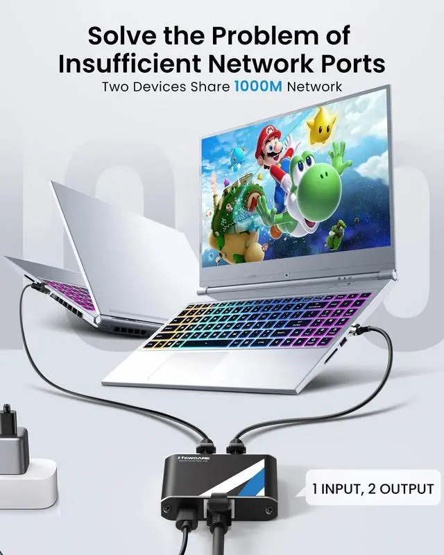 Alt view image 2 of 7 - Gigabit Ethernet Splitter 1 to 2 High Speed 1000Mbps with 3.3ft LAN Cable, NEWCARE 1 in 2 Out Dual RJ45 Port Internet Splitter for Cat5/5e/6/7/8, Plug and Play, 2 Devices Simultaneously Networking