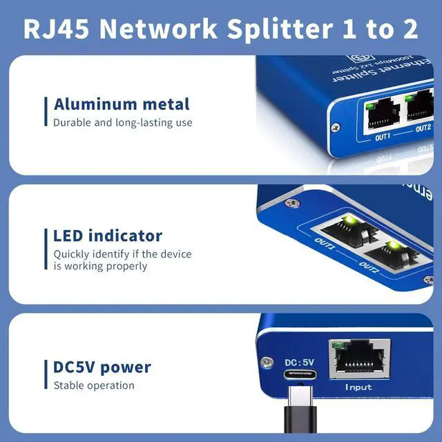 Alt view image 6 of 7 - STEAMEMO Gigabit Ethernet Splitter 1 to 2, Network Ethernet Splitter, LAN Splitter with USB Power Cable, RJ45 Splitter 1000Mbps High Speed for Cat5/5e/6/7/8 Cable [2 Devices Networked Simultaneously]