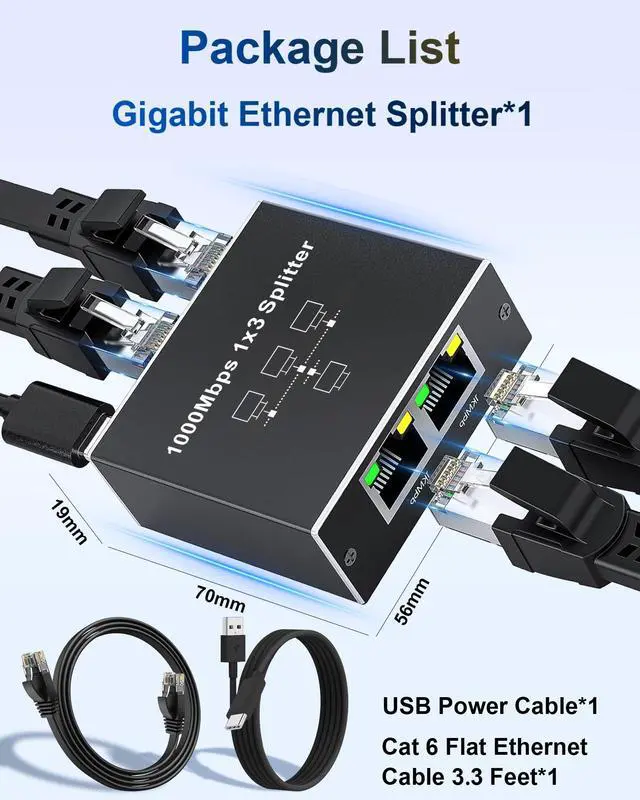 Alt view image 4 of 7 - FSKY Gigabit Ethernet Splitter 1 to 3, Aluminium LAN Splitter 1000Mbps RJ45 Ethernet Switch Network Splitter with USB C Power Cable for Cat5/5e/6/7/8