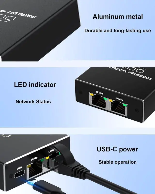 Alt view image 5 of 7 - FSKY Gigabit Ethernet Splitter 1 to 3, Aluminium LAN Splitter 1000Mbps RJ45 Ethernet Switch Network Splitter with USB C Power Cable for Cat5/5e/6/7/8