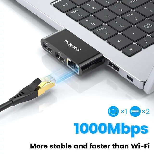 Alt view image 4 of 6 - MOGOOD USB to Ethernet Adapter, Type A to Gigabit Ethernet LAN Network Adapter, RJ45 1000Mbps Hub with 2 USB Ports, for Laptops, PC, MacBook, Surface 6Pro, XPS, Windows, Linux, MacOS, Etc