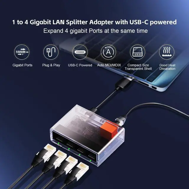 Alt view image 2 of 7 - Gigabit Ethernet Splitter 1 to 4 Port, 1000Mbps High-Speed LAN Adapter with USB Cable, Mini Plastic YuLinca Network Hub, Plug & Play for Router, Modem, PC, IP Camera, Printer, Smart TV