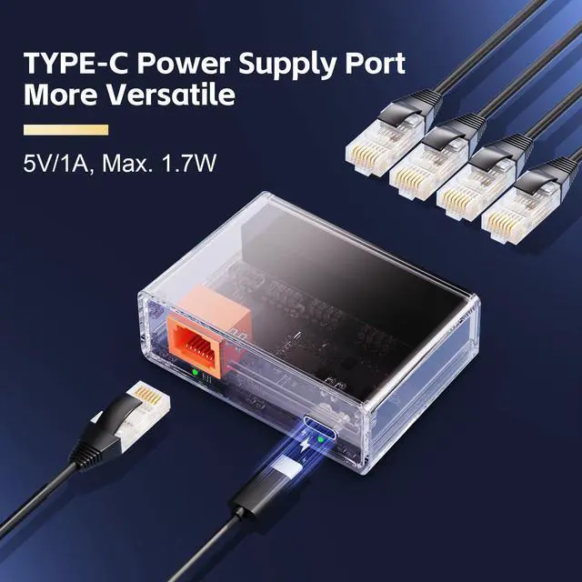 Alt view image 4 of 7 - Gigabit Ethernet Splitter 1 to 4 Port, 1000Mbps High-Speed LAN Adapter with USB Cable, Mini Plastic YuLinca Network Hub, Plug & Play for Router, Modem, PC, IP Camera, Printer, Smart TV