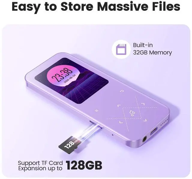 Alt view image 5 of 7 - 32GB MP3 Player with Bluetooth 5.3, AGPTEK A09X 2.4" Screen Portable Music Player with Speaker Lossless Sound with FM Radio, Voice Recorder, Supports up to 128GB, Purple