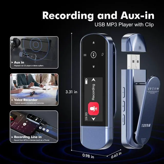 Alt view image 7 of 7 - 64GB Clip on USB MP3 Player with Bluetooth, Portable Audio Music Player for Sports Running, HiFi Lossless Sound MP3 Player with FM Radio,6000+ Song Storage, One-Key Recording, USB Charging