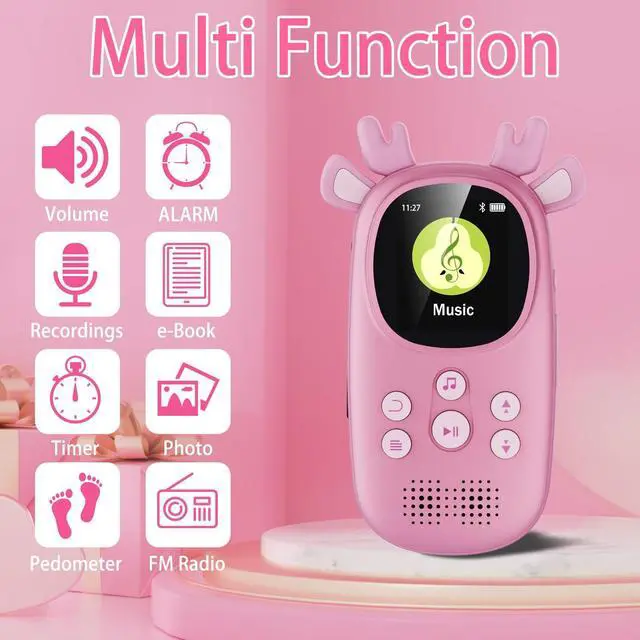 Alt view image 2 of 7 - 32GB MP3 Players for Kids, Cute Reindeer Portable Music Bluetooth Kid MP3 Player, Child MP3 Player with Bluetooth 5.3,Speaker, FM Radio, Alarm Clock, Voice Recorder, Stopwatch (Support up to 128GB)