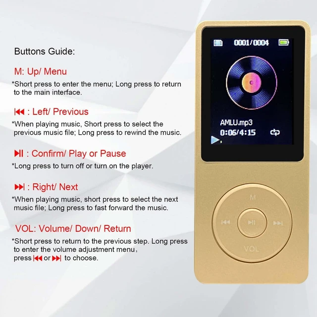 Alt view image 2 of 7 - MP3 Player 32GB with Speaker Earphone Portable Mini Golden Music Player Support Voice Recorder E-Book 1.8 inch HD Screen Support up to 128GB