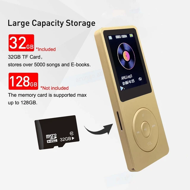 Alt view image 5 of 7 - MP3 Player 32GB with Speaker Earphone Portable Mini Golden Music Player Support Voice Recorder E-Book 1.8 inch HD Screen Support up to 128GB