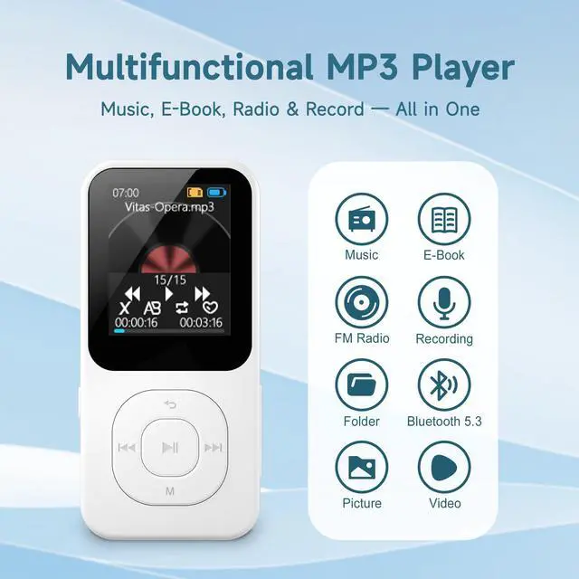Alt view image 2 of 7 - 64GB MP3 Player with Bluetooth 5.3-30Hrs Music Playtime, Portable Music Player for Sports Runners with HD Speaker, Voice Recorder, FM Radio, E-Book, Timer Off, Expandable Up to 256GB (White)