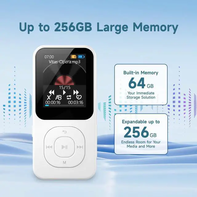 Alt view image 4 of 7 - 64GB MP3 Player with Bluetooth 5.3-30Hrs Music Playtime, Portable Music Player for Sports Runners with HD Speaker, Voice Recorder, FM Radio, E-Book, Timer Off, Expandable Up to 256GB (White)