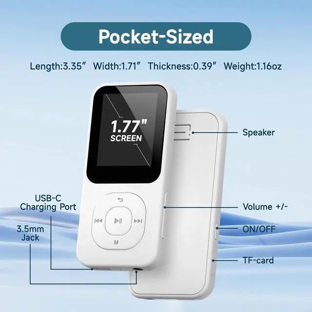 Alt view image 7 of 7 - 64GB MP3 Player with Bluetooth 5.3-30Hrs Music Playtime, Portable Music Player for Sports Runners with HD Speaker, Voice Recorder, FM Radio, E-Book, Timer Off, Expandable Up to 256GB (White)