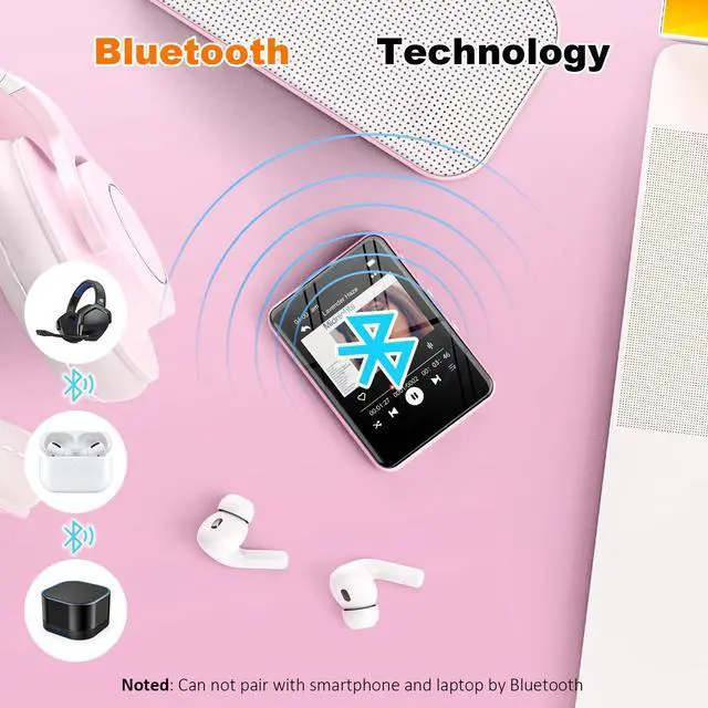 Alt view image 2 of 7 - MP3 Music Player with Bluetooth, 32GB Storage, Full Touch Screen, Built-in Speaker, FM Radio & Voice Recorder, MicroSD Slot (Expandable to 128GB)  Includes Earphones, Ideal for Kids & Sports-Pink