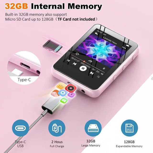 Alt view image 4 of 7 - MP3 Music Player with Bluetooth, 32GB Storage, Full Touch Screen, Built-in Speaker, FM Radio & Voice Recorder, MicroSD Slot (Expandable to 128GB)  Includes Earphones, Ideal for Kids & Sports-Pink