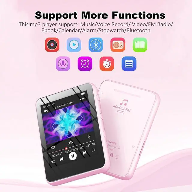 Alt view image 6 of 7 - MP3 Music Player with Bluetooth, 32GB Storage, Full Touch Screen, Built-in Speaker, FM Radio & Voice Recorder, MicroSD Slot (Expandable to 128GB)  Includes Earphones, Ideal for Kids & Sports-Pink