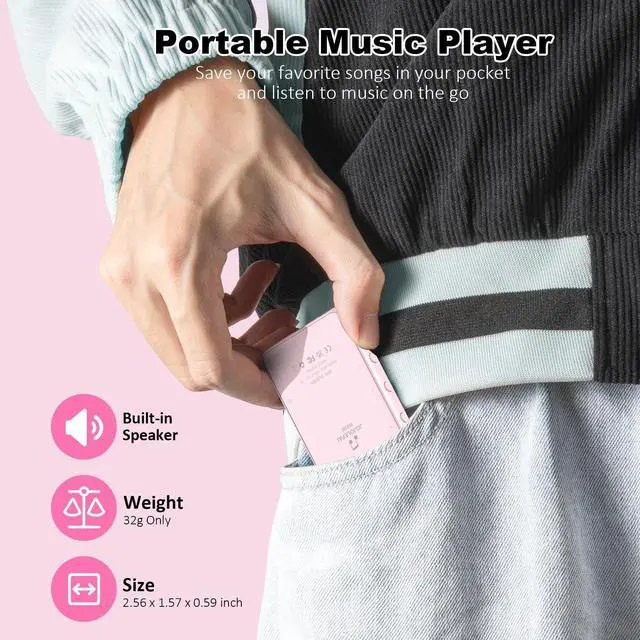 Alt view image 7 of 7 - MP3 Music Player with Bluetooth, 32GB Storage, Full Touch Screen, Built-in Speaker, FM Radio & Voice Recorder, MicroSD Slot (Expandable to 128GB)  Includes Earphones, Ideal for Kids & Sports-Pink