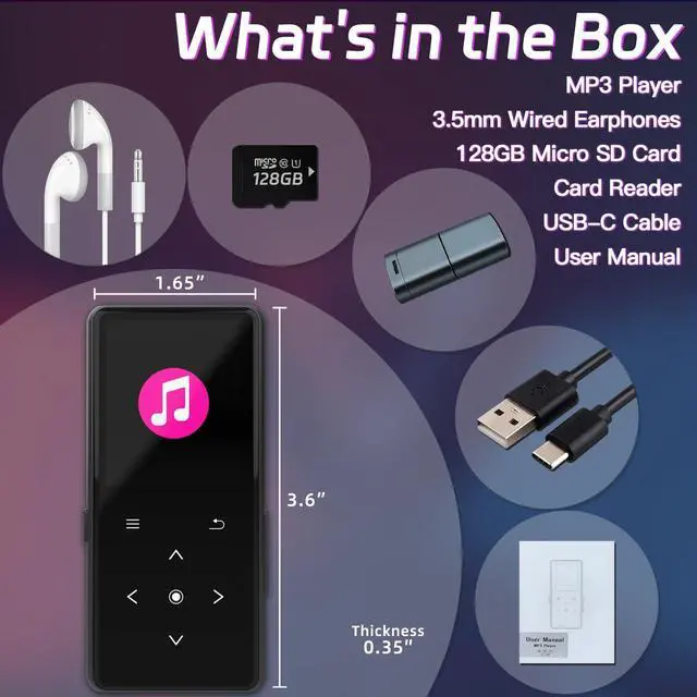 Alt view image 7 of 7 - 128GB MP3 Player with Bluetooth, Portable Music Player with Built-in Speaker, Enjoying Your Digital Music and Audiobooks Anytime,Includes FM Radio,Recorder,E-Book,and Comes with Earphones