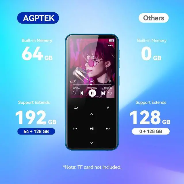 Alt view image 6 of 7 - AGPTEK 64GB MP3 Player with Bluetooth, M3 2.4 inch Music Player with Speaker and FM Radio, Touch Buttons, Supports Up to 128GB(Blue)
