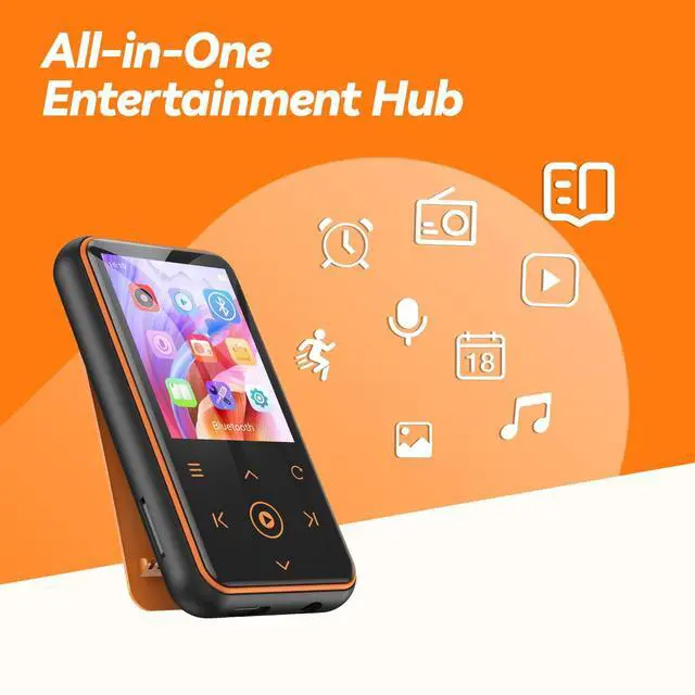 Alt view image 3 of 7 - AGPTEK 64GB MP3 Player with Clip, 1.8 inch Bluetooth 5.3 Music Player with FM Radio, Voice Recorder for Sport Running, Supports up to 128GB TF Card, Model: M2, Orange