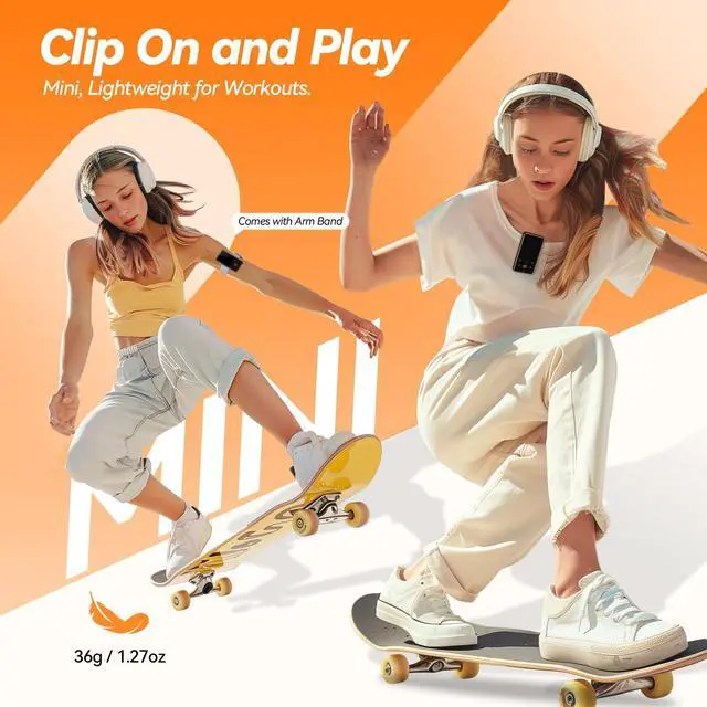 Alt view image 2 of 7 - AGPTEK 64GB MP3 Player with Clip, 1.8 inch Bluetooth 5.3 Music Player with FM Radio, Voice Recorder for Sport Running, Supports up to 128GB TF Card, Model: M2, Orange