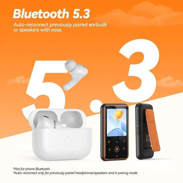 Alt view image 4 of 7 - AGPTEK 64GB MP3 Player with Clip, 1.8 inch Bluetooth 5.3 Music Player with FM Radio, Voice Recorder for Sport Running, Supports up to 128GB TF Card, Model: M2, Orange