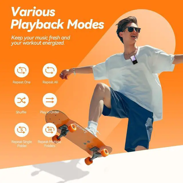 Alt view image 5 of 7 - AGPTEK 64GB MP3 Player with Clip, 1.8 inch Bluetooth 5.3 Music Player with FM Radio, Voice Recorder for Sport Running, Supports up to 128GB TF Card, Model: M2, Orange