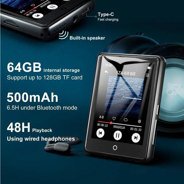 Alt view image 3 of 7 - ODEJOI 64GB MP3 Player with Bluetooth 5.3, 2.8-inch Touchscreen, 18 Soothing Sounds, Speaker Built-in, Shuffle Repeat, Sports Music Player, FM Radio, Voice Recorder, ebook, Support 128GB Micro SD Card