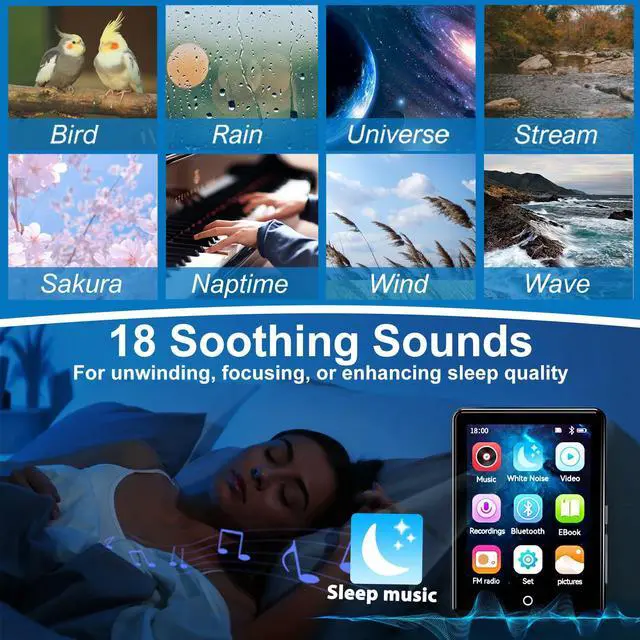 Alt view image 6 of 7 - ODEJOI 64GB MP3 Player with Bluetooth 5.3, 2.8-inch Touchscreen, 18 Soothing Sounds, Speaker Built-in, Shuffle Repeat, Sports Music Player, FM Radio, Voice Recorder, ebook, Support 128GB Micro SD Card