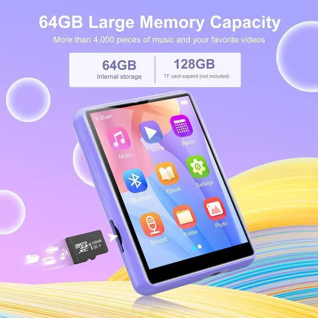 Alt view image 4 of 7 - MP3 Player with Bluetooth 5.3-64GB Portable Music Player with 2.4" Full Touch Screen, MP3 Player with HD Speaker, FM Radio, Video, Voice Recorder, HiFi Sound Shuffle Music Player