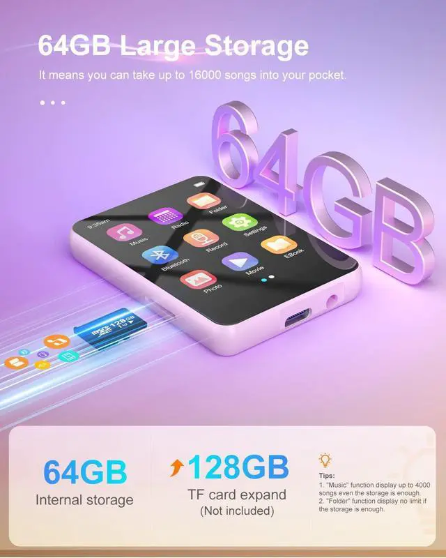 Alt view image 2 of 7 - 64GB MP3 Player with Bluetooth 5.3, Portable Digital Lossless Music Player with Built-in Speaker, 2.4 in Full Touch Screen, FM Radio, Line-in Voice Recorder, Earphones Included, Support up to 128GB