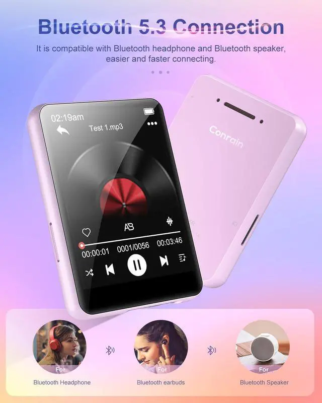Alt view image 3 of 7 - 64GB MP3 Player with Bluetooth 5.3, Portable Digital Lossless Music Player with Built-in Speaker, 2.4 in Full Touch Screen, FM Radio, Line-in Voice Recorder, Earphones Included, Support up to 128GB