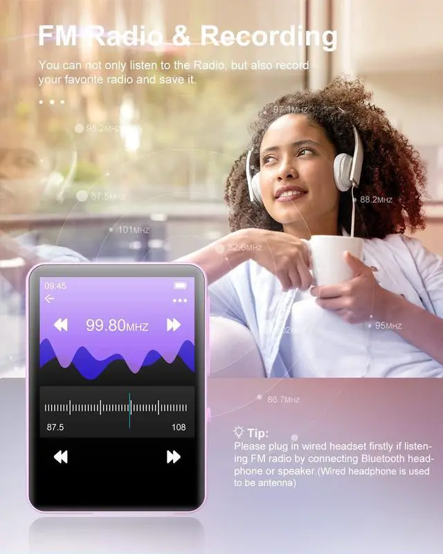 Alt view image 6 of 7 - 64GB MP3 Player with Bluetooth 5.3, Portable Digital Lossless Music Player with Built-in Speaker, 2.4 in Full Touch Screen, FM Radio, Line-in Voice Recorder, Earphones Included, Support up to 128GB