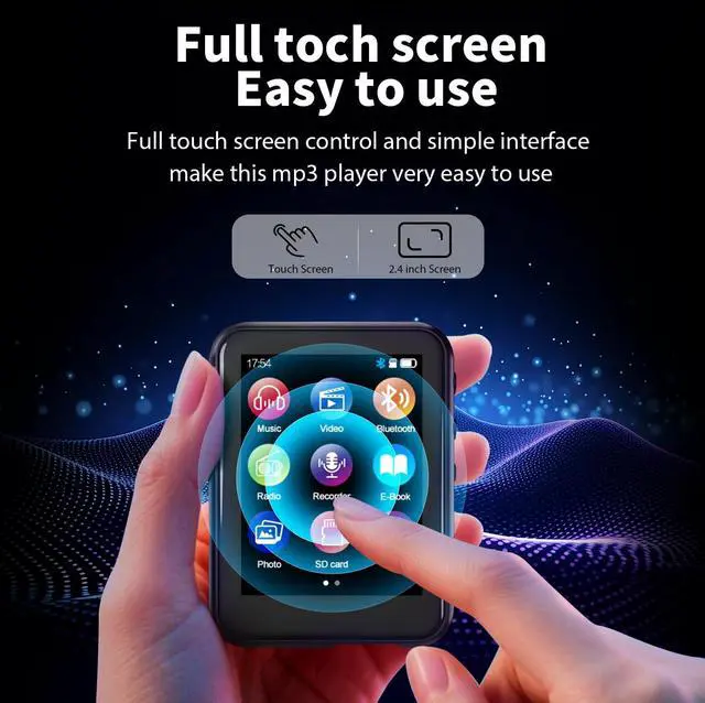 Alt view image 2 of 7 - 64GB MP3 Player with Bluetooth 5.3, QNGEE 2.4 inch Full Touchscreen Music MP3 for Kids, FM Radio, Voice Recorder, HiFi Sound, E-Book, Earphones Included