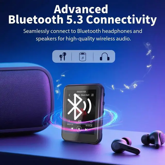 Alt view image 3 of 7 - 64GB MP3 Player with Bluetooth 5.3, QNGEE 2.4 inch Full Touchscreen Music MP3 for Kids, FM Radio, Voice Recorder, HiFi Sound, E-Book, Earphones Included