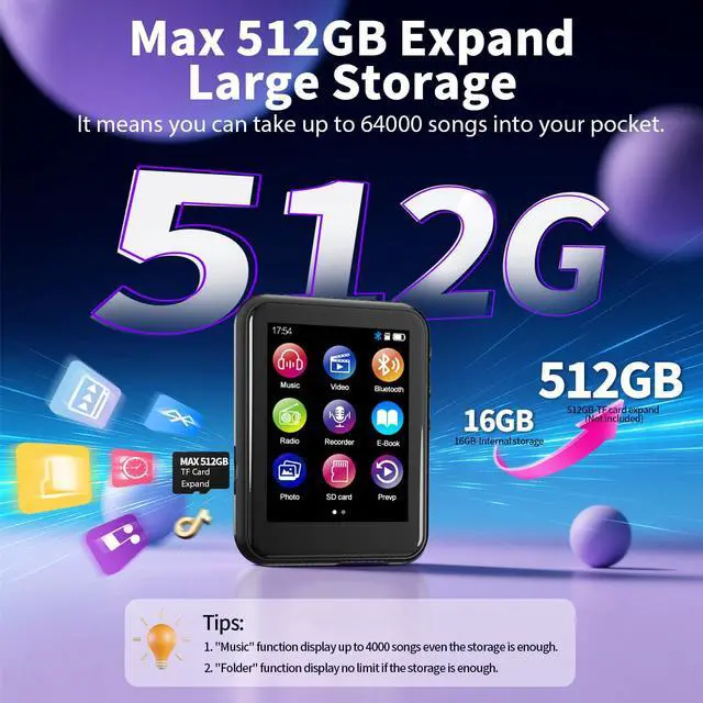 Alt view image 6 of 7 - 64GB MP3 Player with Bluetooth 5.3, QNGEE 2.4 inch Full Touchscreen Music MP3 for Kids, FM Radio, Voice Recorder, HiFi Sound, E-Book, Earphones Included