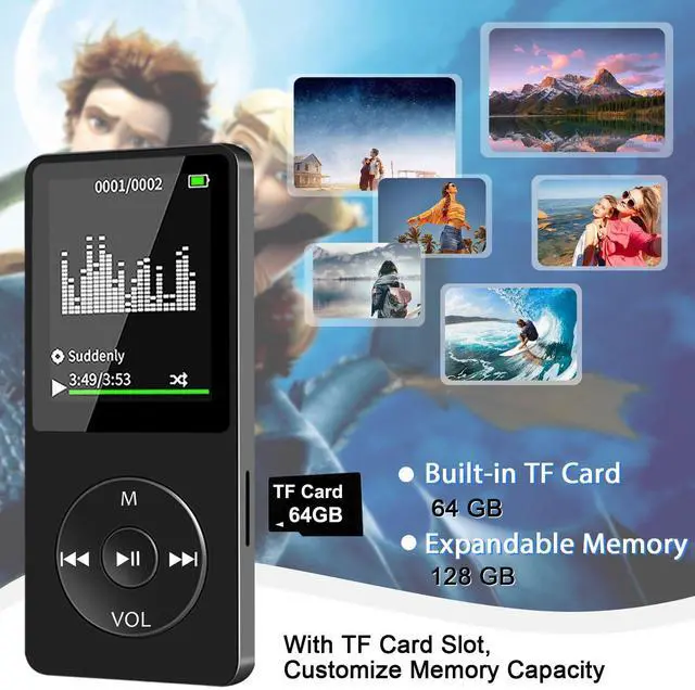 Alt view image 3 of 7 - Bluetooth MP3 Music Player with 64GB TF Card, Mini Portable MP3 Players with Speaker and Earbuds, Supports Alarm Clock, FM Radio, Recording Function, Up to 128GB Memory Storage