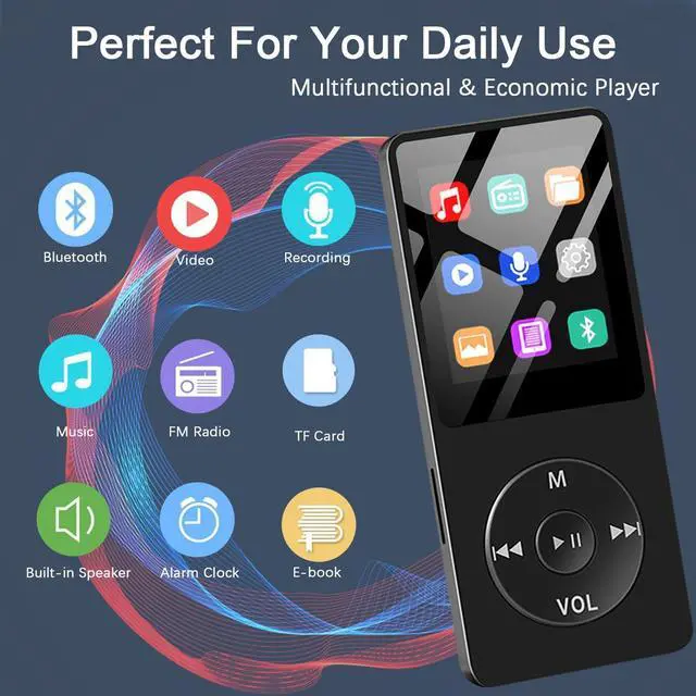Alt view image 5 of 7 - Bluetooth MP3 Music Player with 64GB TF Card, Mini Portable MP3 Players with Speaker and Earbuds, Supports Alarm Clock, FM Radio, Recording Function, Up to 128GB Memory Storage