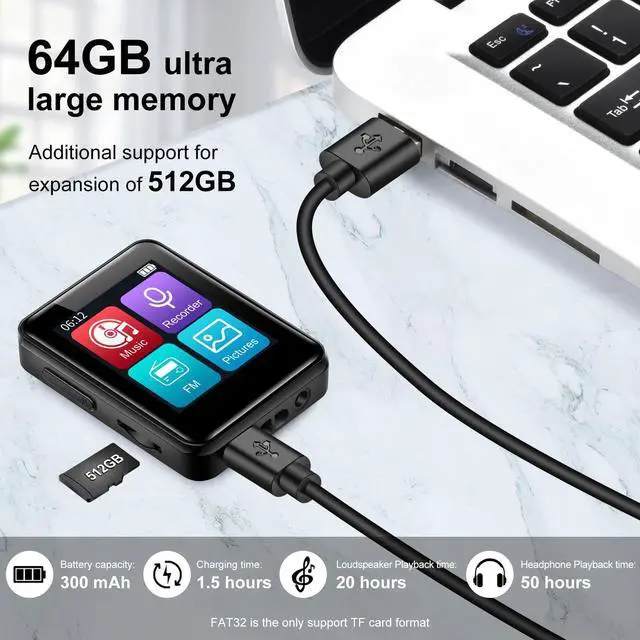 Alt view image 3 of 7 - MP3 Music Player, 1.8 inch Screen Portable HiFi MP3 Player Expandable to 512GB, with Bluetooth, FM Radio, Recorder, Photo, Black with 64GB TF Card