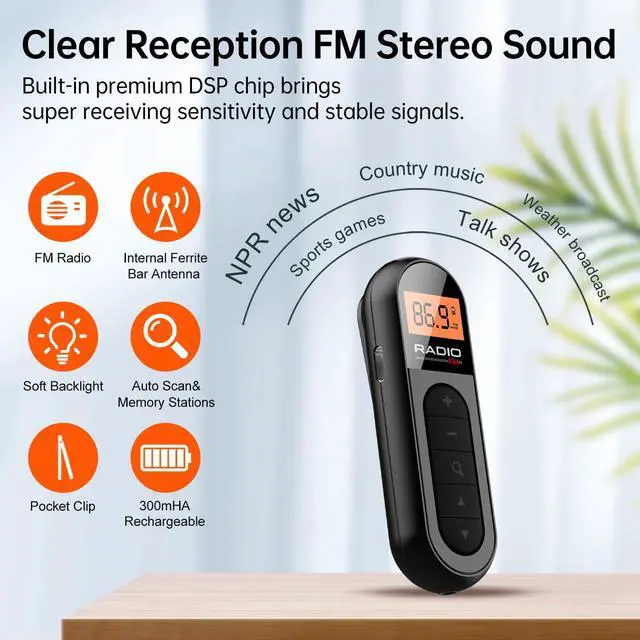 Alt view image 2 of 6 - FM Portable Radio, Rechargeable Pocket Radio with Best Reception Digital Tuning, LCD Screen,Belt Clip, Stereo Sound Earphone Jack for Gym, Jogging, Walking, Camping