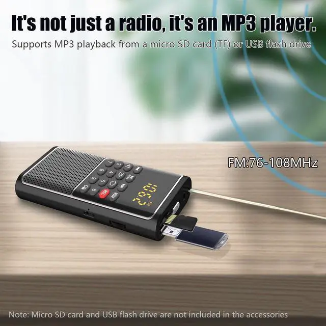 Alt view image 2 of 7 - BOESPATR B01 Mini Portable FM Radio USB Player, TF/SD Card/USB Slot Support Mp3 Play Rec,Pocket Walkman Small Radio with Lock Key,Wristband,Rechargeable Battery Operated, Excellent Reception and Sound