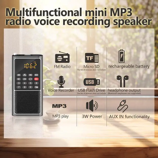 Alt view image 4 of 7 - BOESPATR B01 Mini Portable FM Radio USB Player, TF/SD Card/USB Slot Support Mp3 Play Rec,Pocket Walkman Small Radio with Lock Key,Wristband,Rechargeable Battery Operated, Excellent Reception and Sound